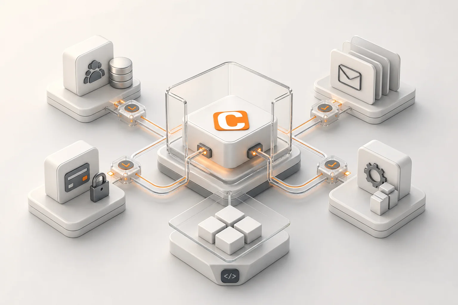Abstrakte technische Visualisierung einer Contao-API-Integration mit CRM, Newsletter, Payment und internen Tools