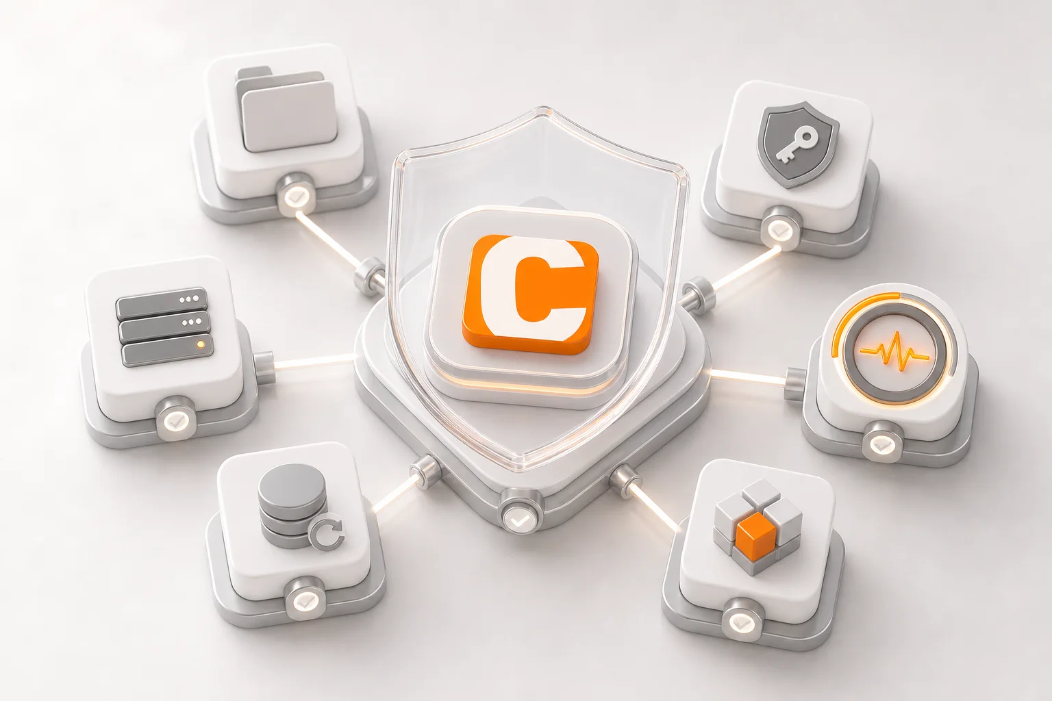Abstrakte technische Visualisierung von Contao-Sicherheits-Monitoring mit SSL, Backups, Uptime und Server-Status