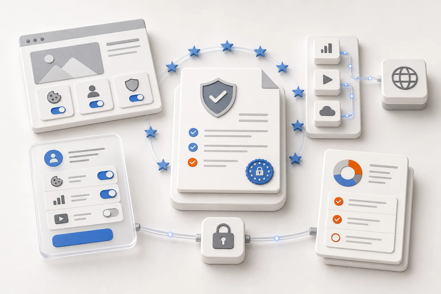 Editoriale Visualisierung eines DSGVO-Checks mit Consent-Layer, Datenfluss, Datenschutzbericht und priorisierten Maßnahmen