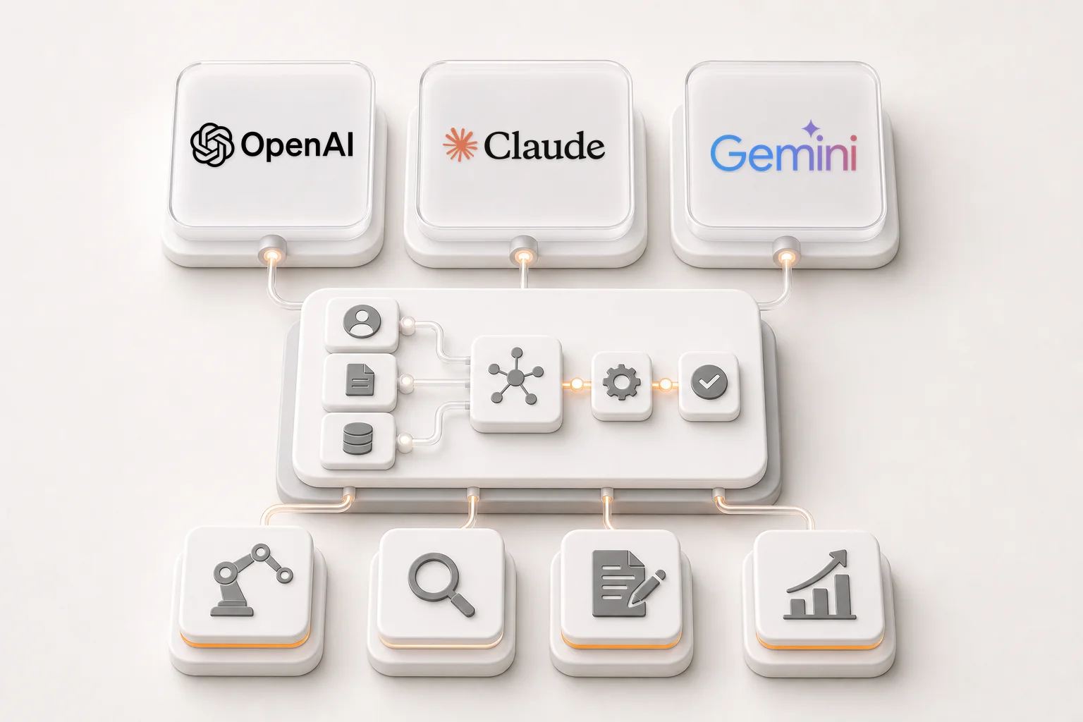 Editoriale Visualisierung einer KI-Agentur mit Use-Case-Analyse, KI-Agenten, Automatisierung, Content-Unterstützung und Wissenssuche