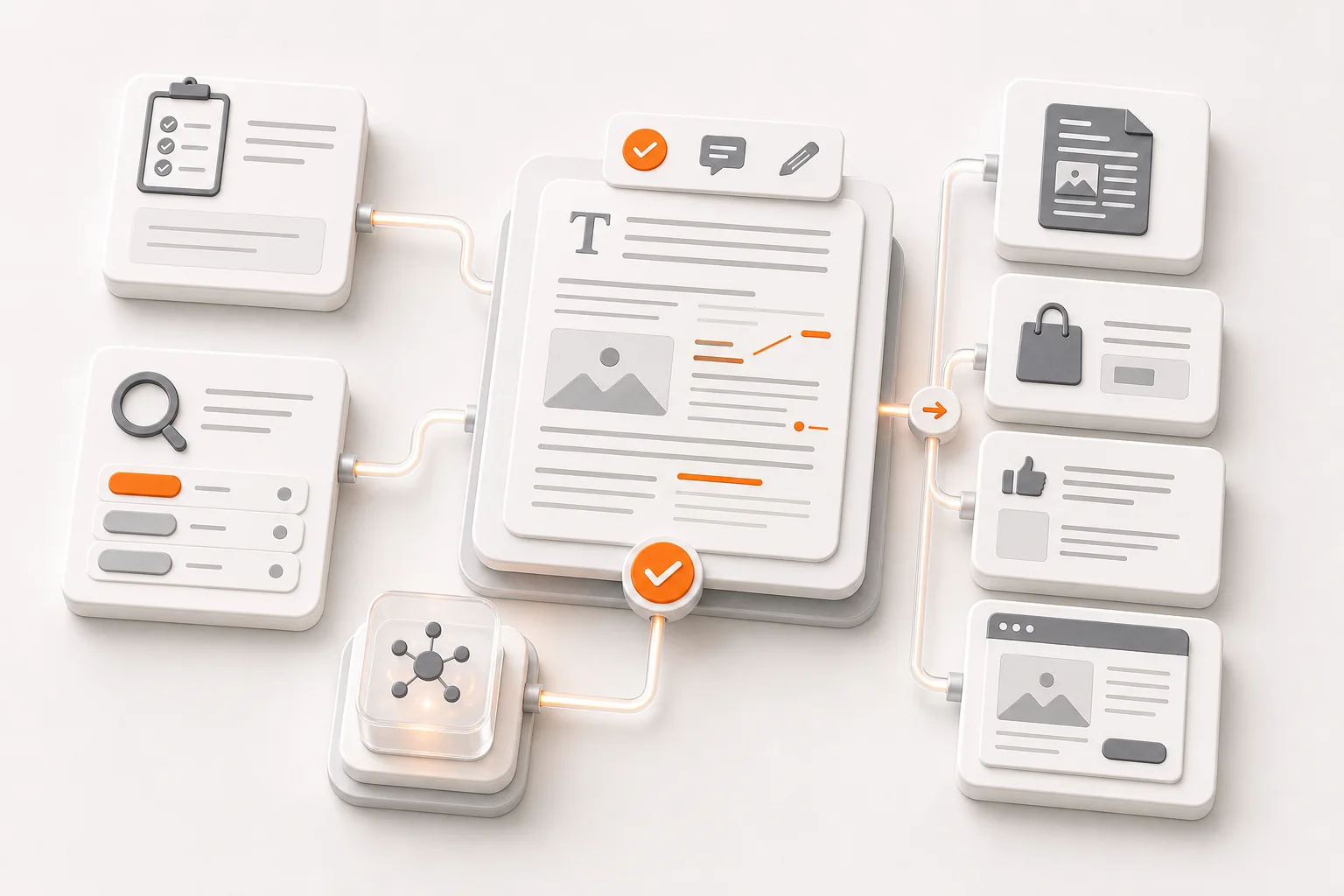 Editoriale Visualisierung von KI-Content-Produktion mit Briefing, Keyword-Recherche, KI-Entwurf, redaktioneller Prüfung und Veröffentlichung