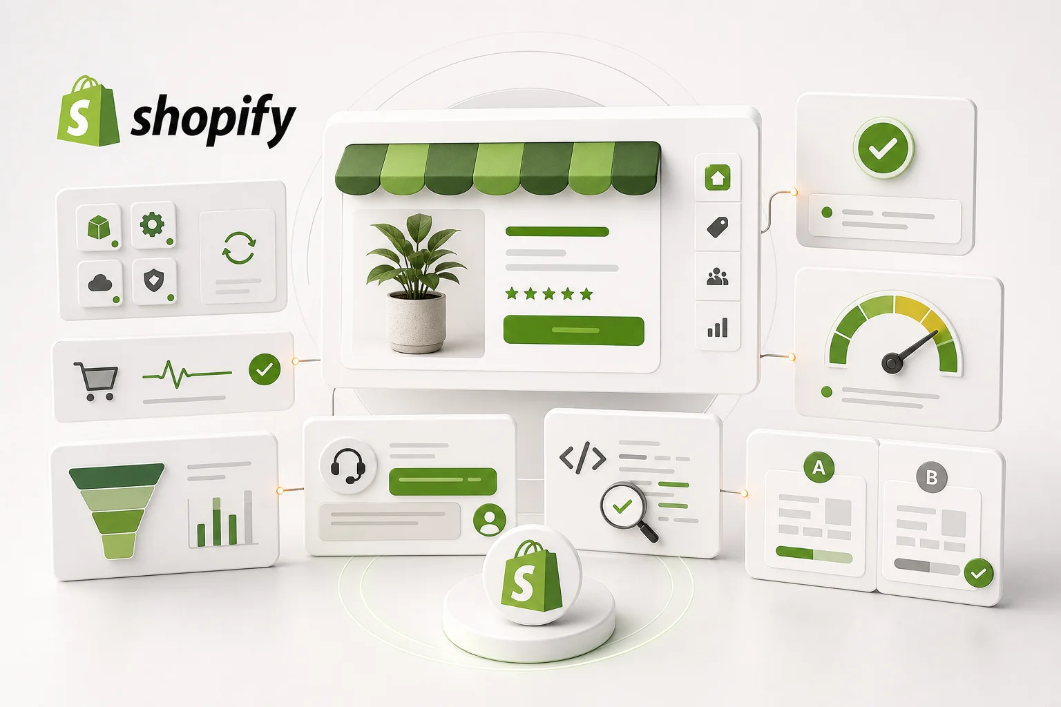 Laufende Shopify Betreuung mit App-Updates, Checkout-Monitoring, Performance-Überwachung, Support und Conversion-Tests