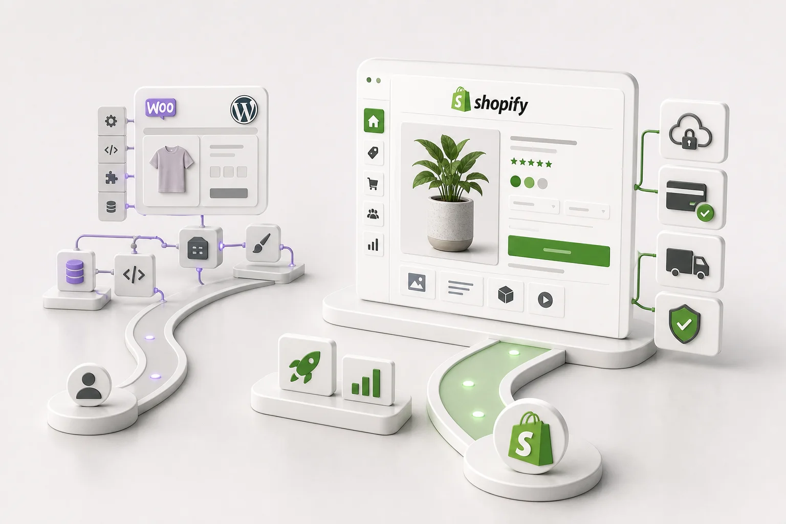 Shopify oder WooCommerce Plattformwahl mit Shopify als gehostetem Shopsystem und WooCommerce als flexible WordPress-Lösung