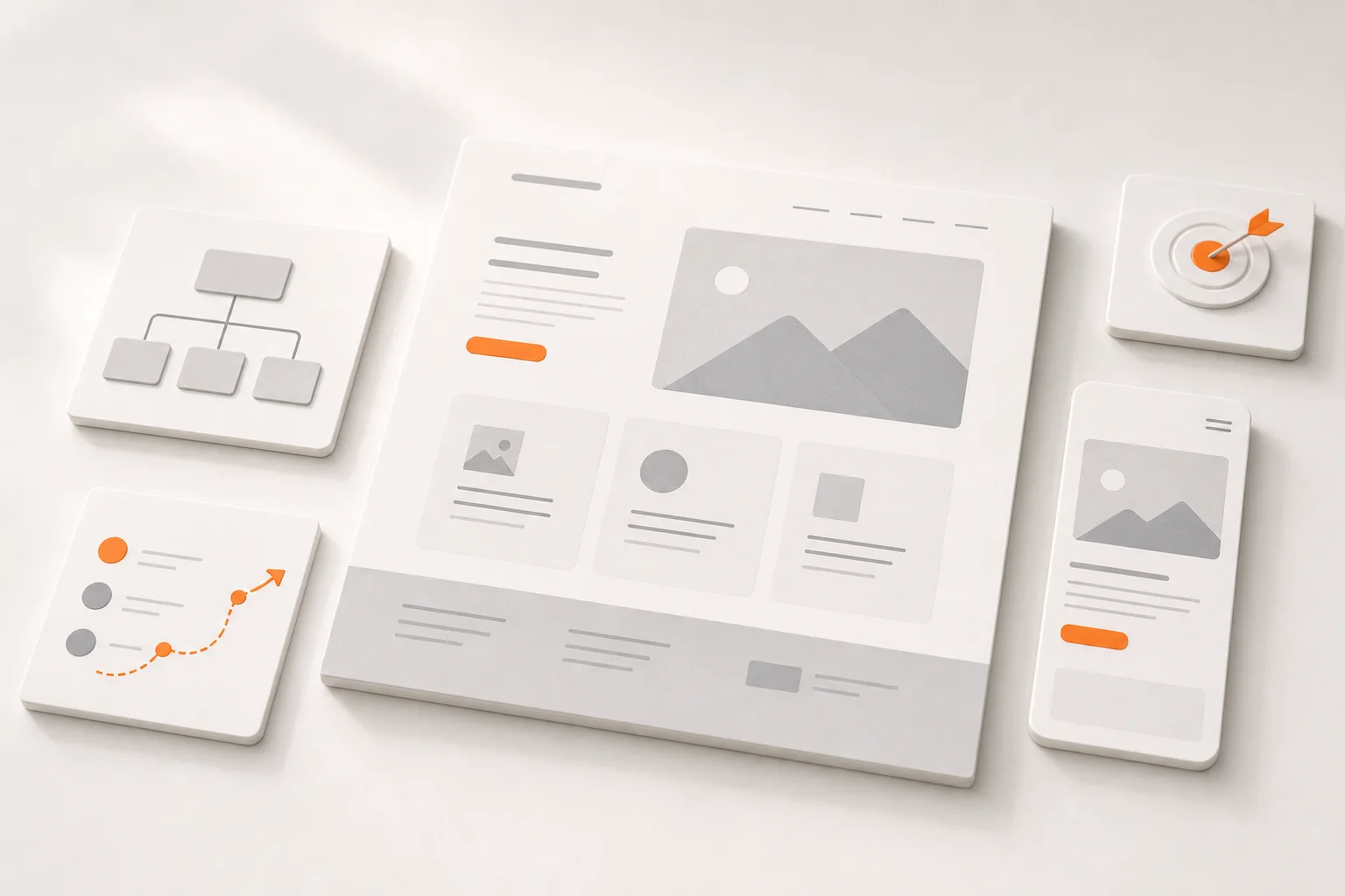 Editoriale Visualisierung von Webdesign-Strategie mit Website-Konzept, Mobile-Layout, Sitemap und Conversion-Pfad