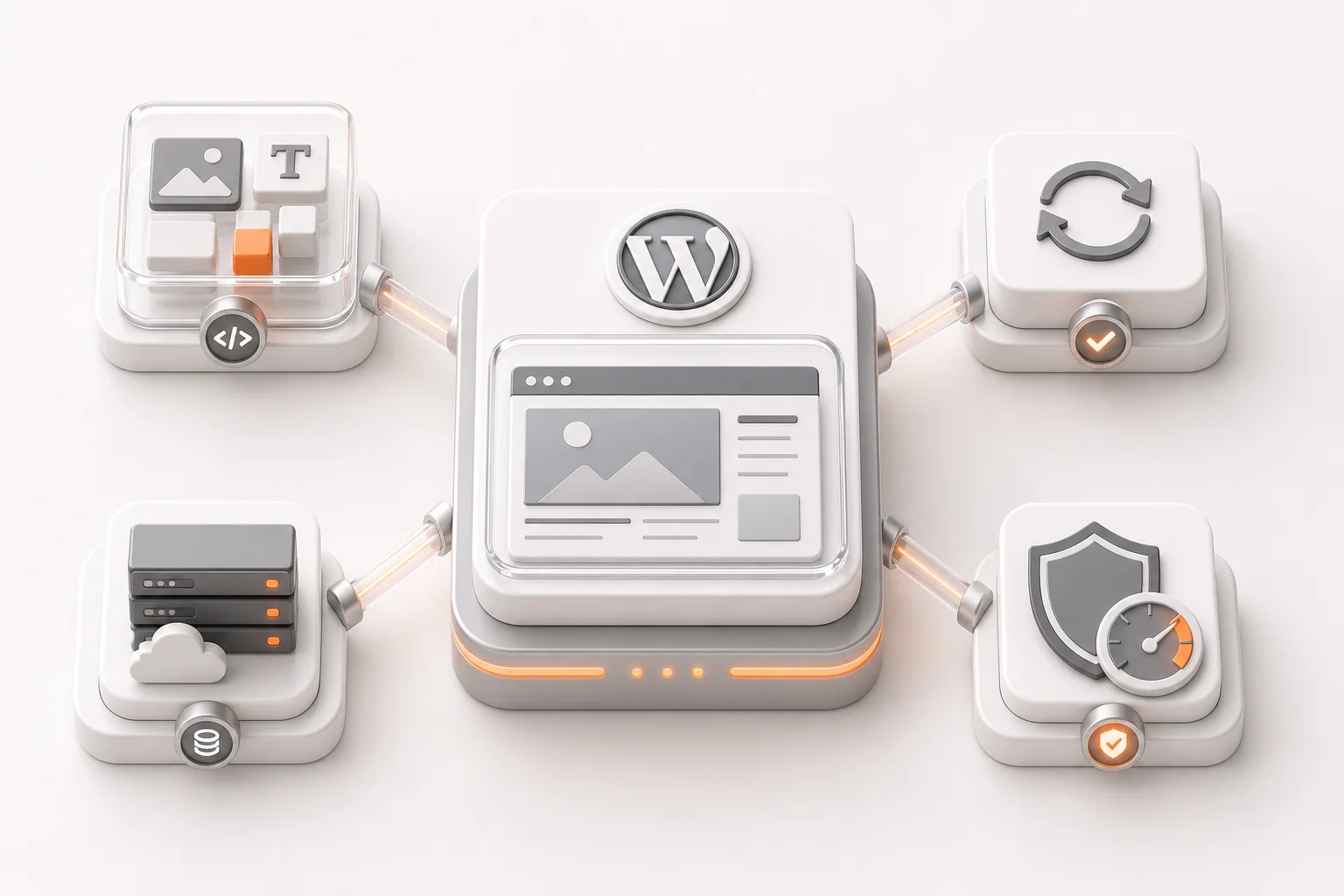 Abstrakte technische Visualisierung einer WordPress-Agentur mit Design, Entwicklung, Wartung, Hosting, Sicherheit und Performance