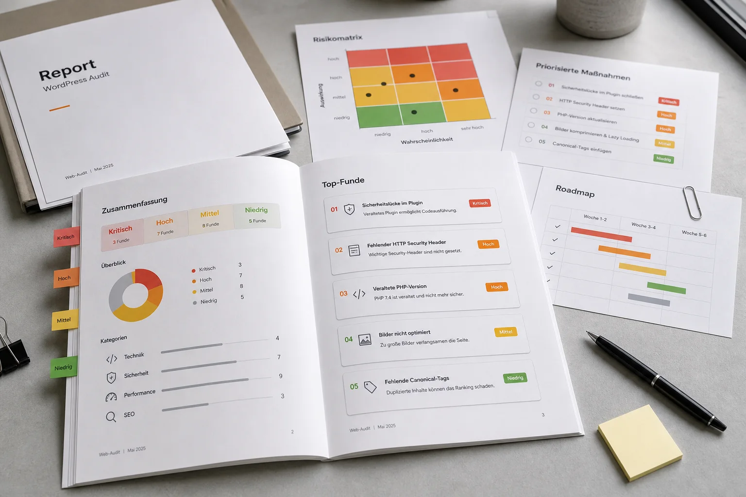 WordPress Audit Report mit Risikomatrix, Top-Funden, Roadmap und priorisierten Maßnahmen