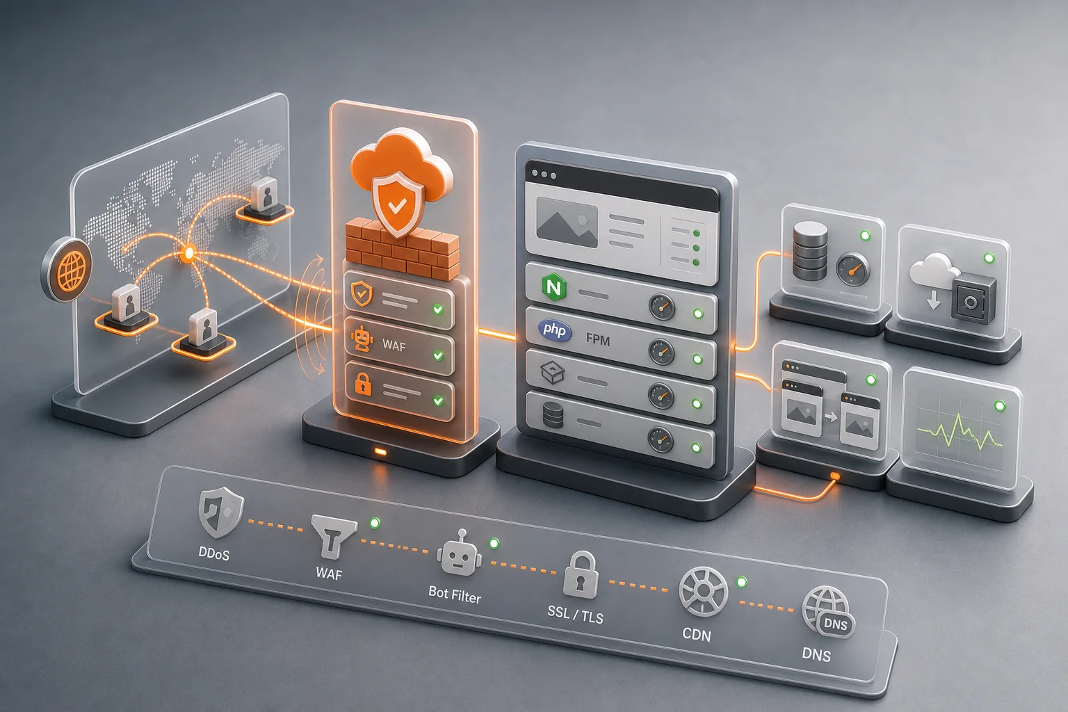 Managed WordPress Hosting mit Cloudflare, WAF, DDoS-Schutz, CDN und Monitoring